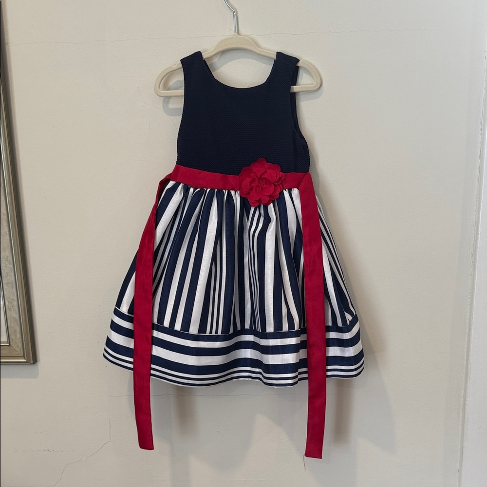 Jona Michelle Navy and White Dress with Red Floral Accent